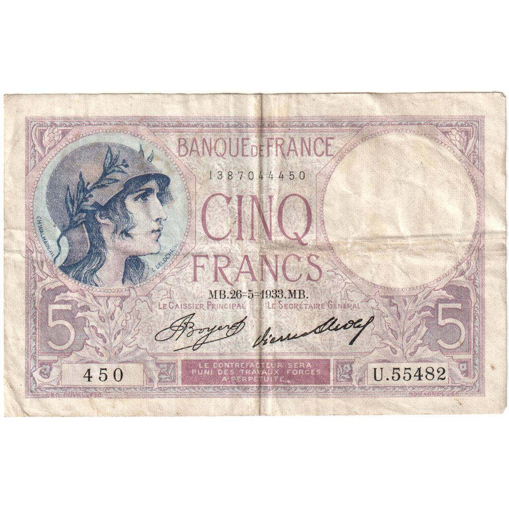 Francia, 5 Francs, Violet, 1933, U.55482, BC+, Fayette:3.17, KM:72e