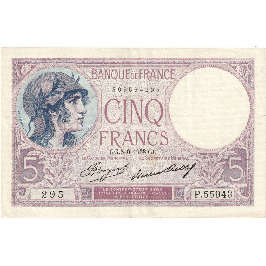 Francia, 5 Francs, Violet, 1933, P.55943, EBC, Fayette:3.17, KM:72e