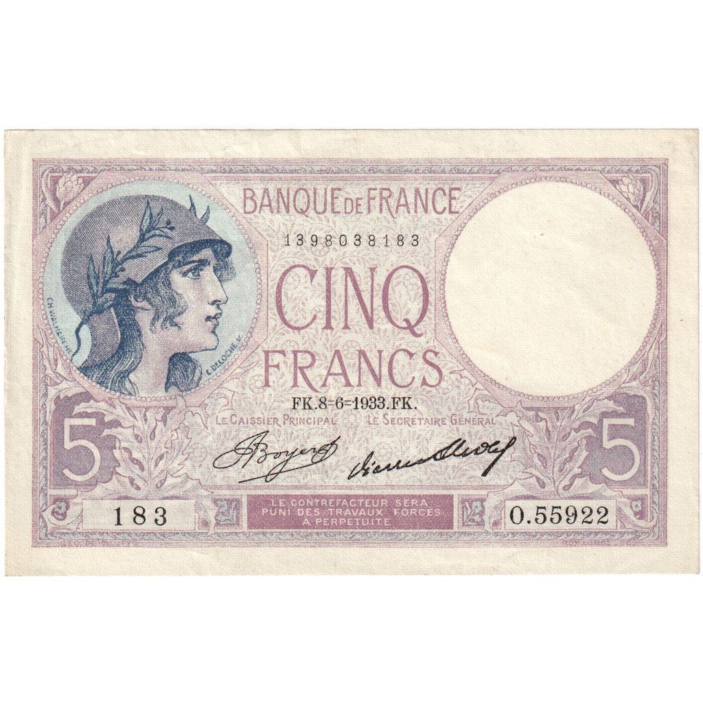 Frankrijk, 5 Francs, Violet, 1933, O.55922, SUP, Fayette:3.17, KM:72e