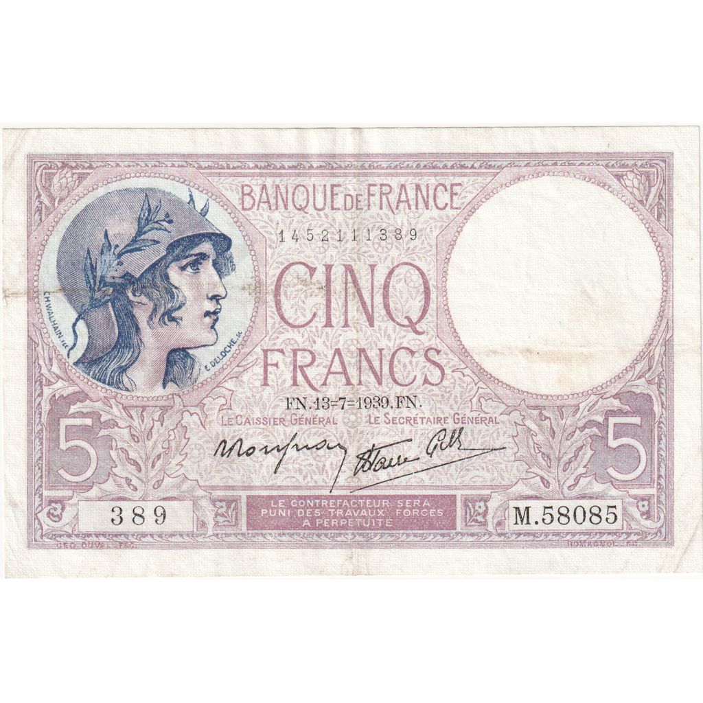 Frankrijk, 5 Francs, Violet, 1939, M.58085, TTB, Fayette:04.01, KM:83