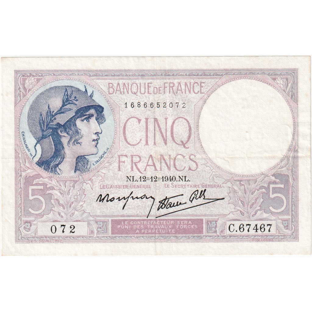 Frankrijk, 5 Francs, Violet, 1940, C.67467, TTB, Fayette:04.17, KM:83