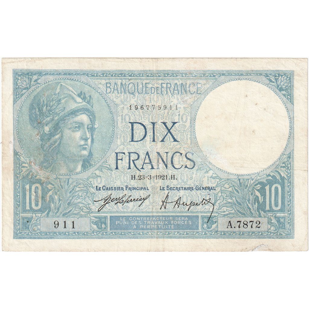 Francia, 10 Francs, Minerve, 1921, A.7872, MBC, Fayette:6.5, KM:73b