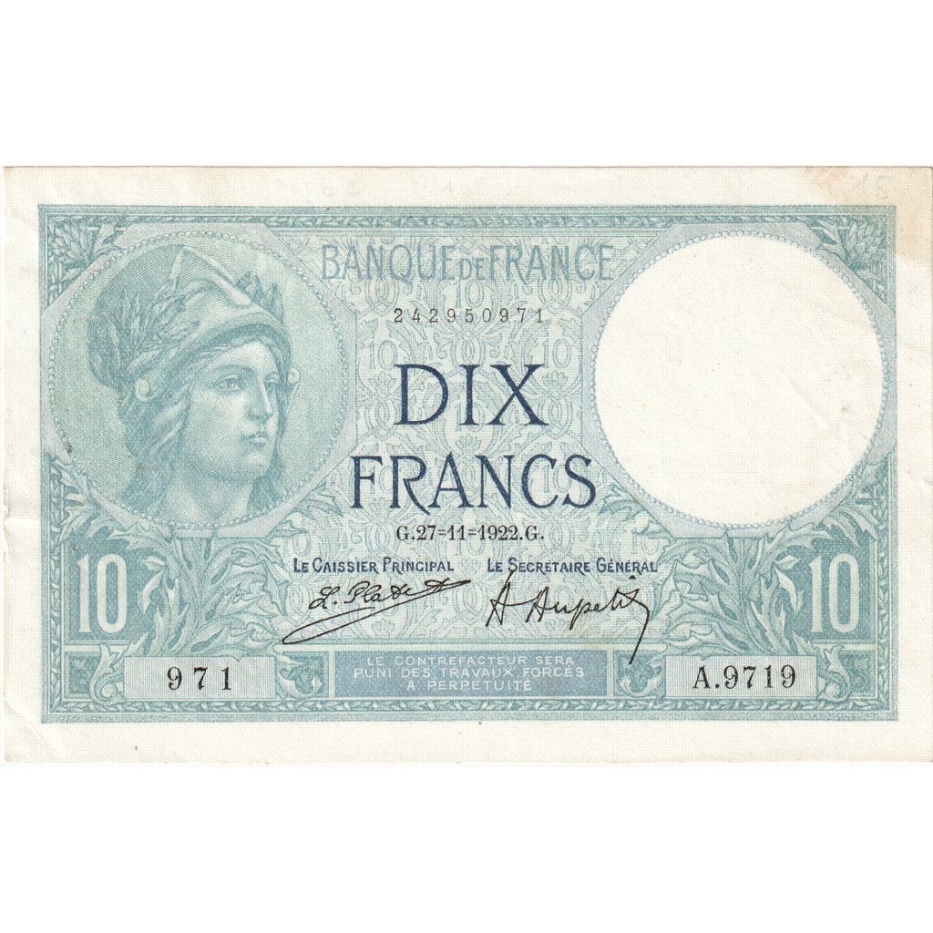 França, 10 Francs, Minerve, 1922, A.9719, AU(50-53), Fayette:06.06, KM:73c