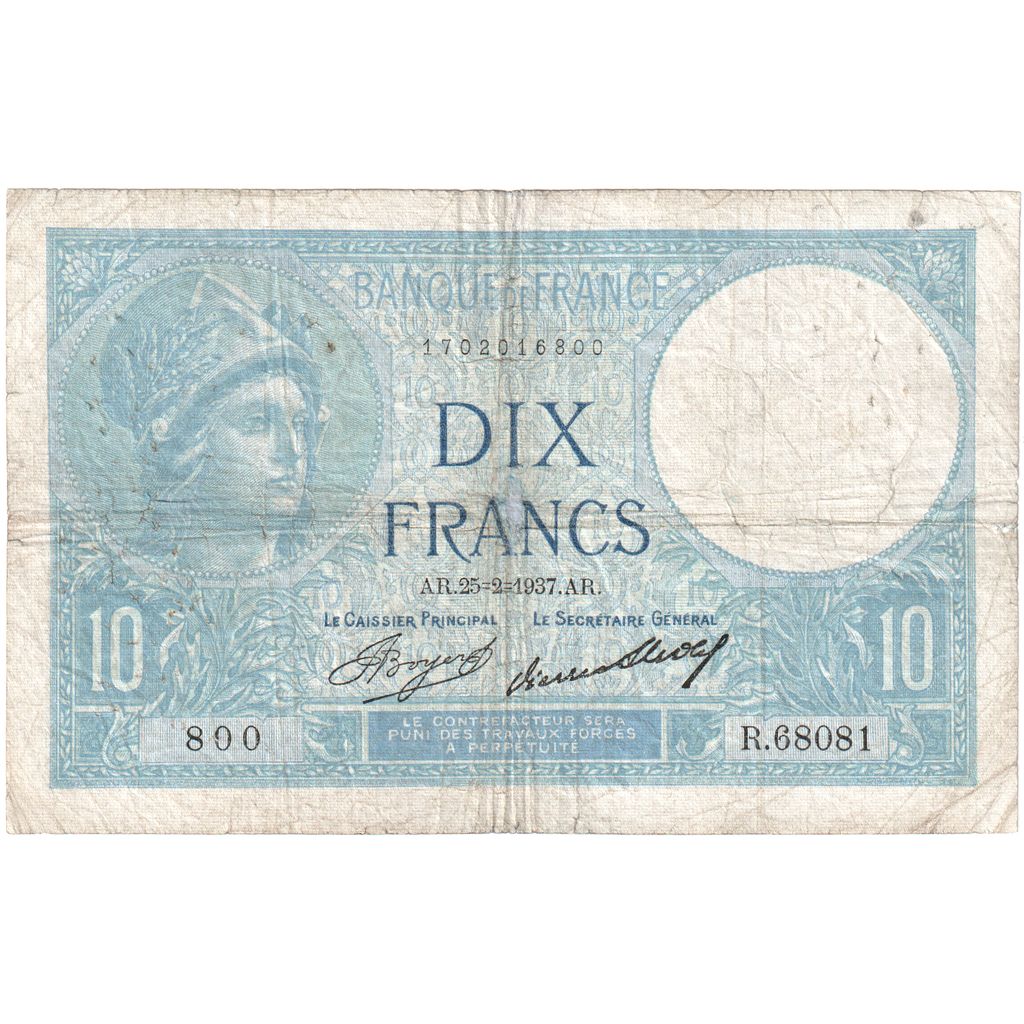France, 10 Francs, Minerve, 1937, R.68081, B+, Fayette:06.18, KM:73e