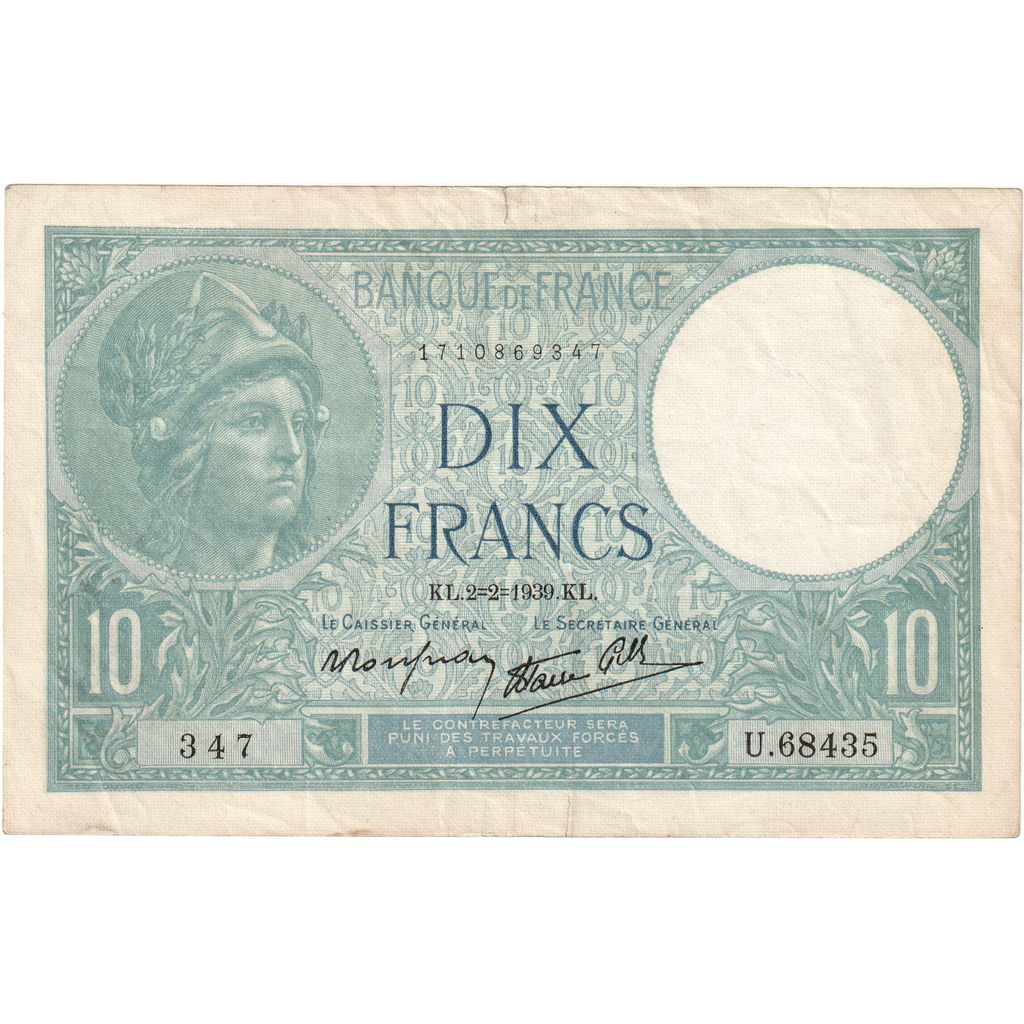 Francia, 10 Francs, Minerve, 1939, U.68435, MBC, Fayette:07.01, KM:84