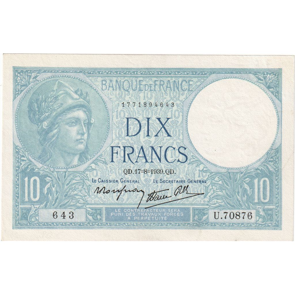 France, 10 Francs, Minerve, 1939, U.70876, UNC(63), Fayette:07.05, KM:84
