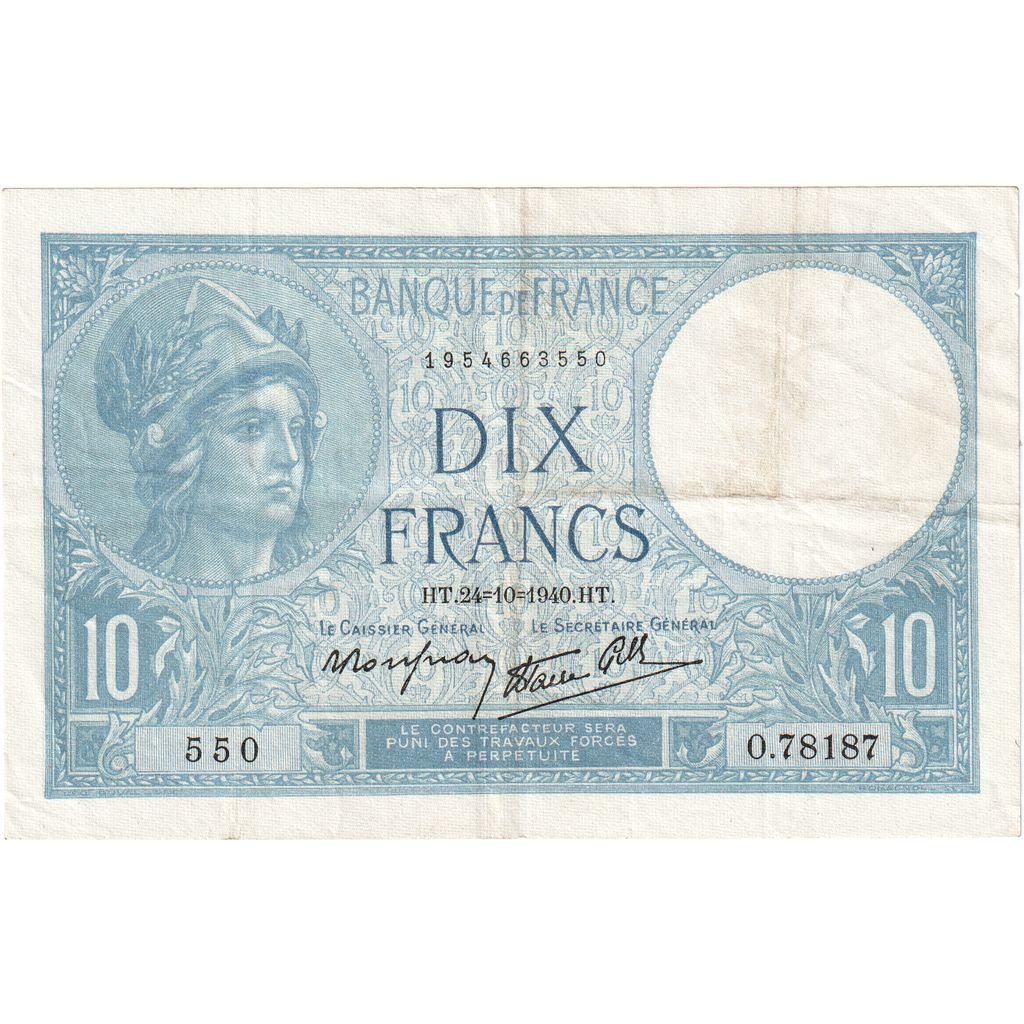 Frankreich, 10 Francs, Minerve, 1940, O.78187, SS, Fayette:07.18, KM:84