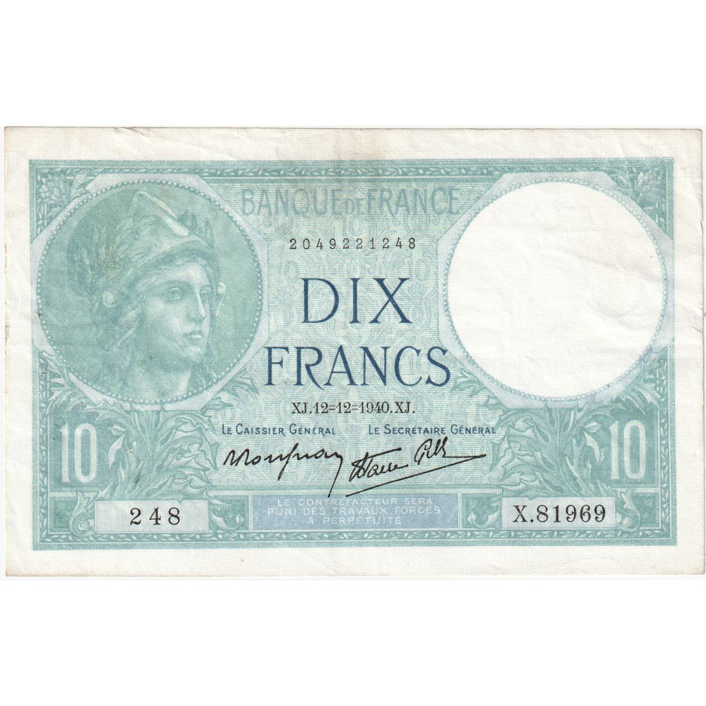 Francia, 10 Francs, Minerve, 1940, X.81969, BB, Fayette:07.24, KM:84