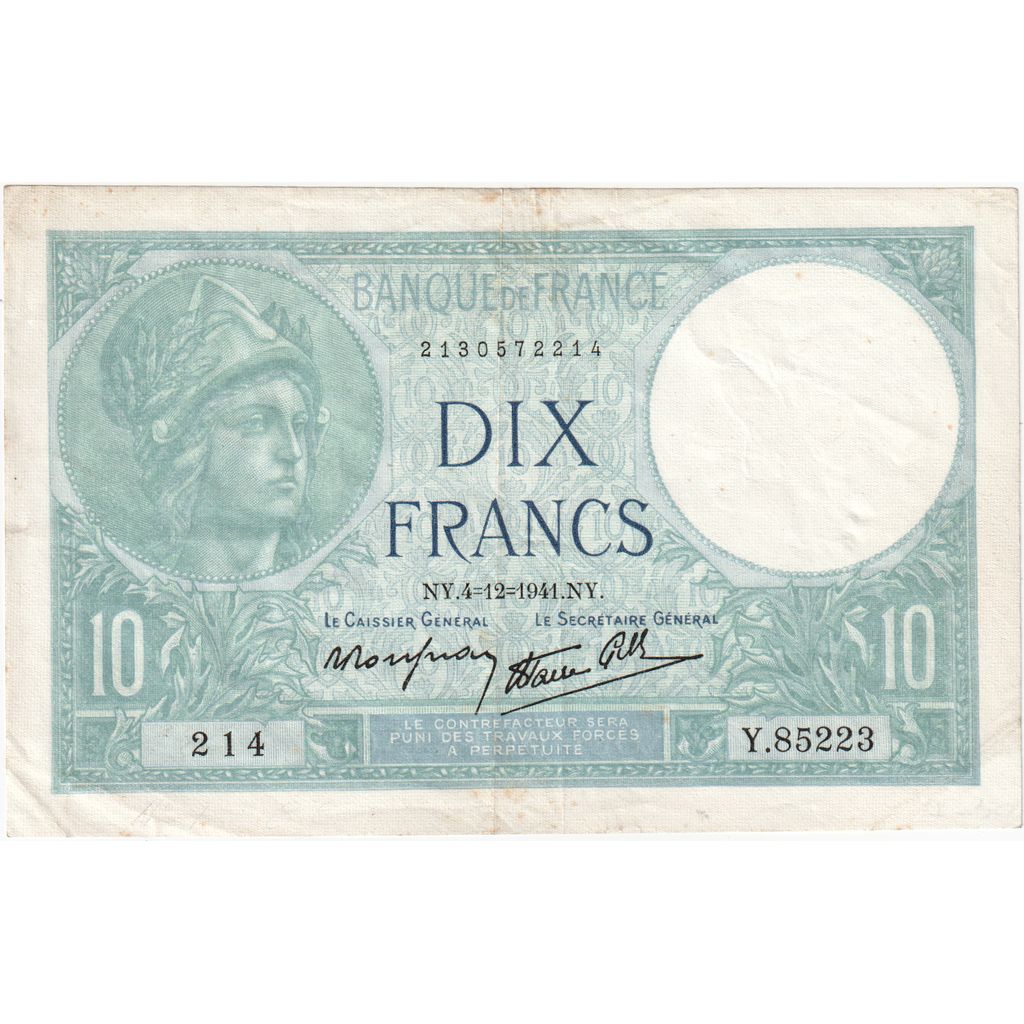 Frankreich, 10 Francs, Minerve, 1941, Y.85223, SS, Fayette:07.30, KM:84