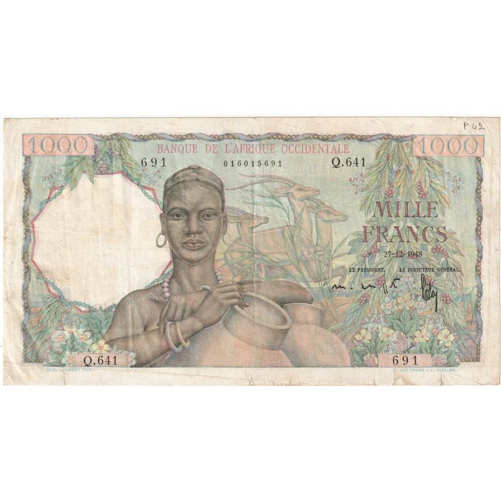 French West Africa, 1000 Francs, 1948, 1948-12-27, KM:42, VF(30-35)
