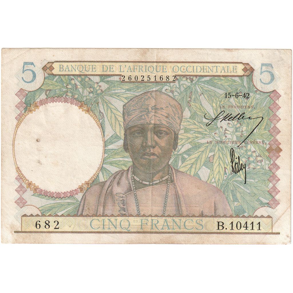 Francuska Afryka Zachodnia, 5 Francs, 1942, 1942-06-15, KM:25, VF(30-35)