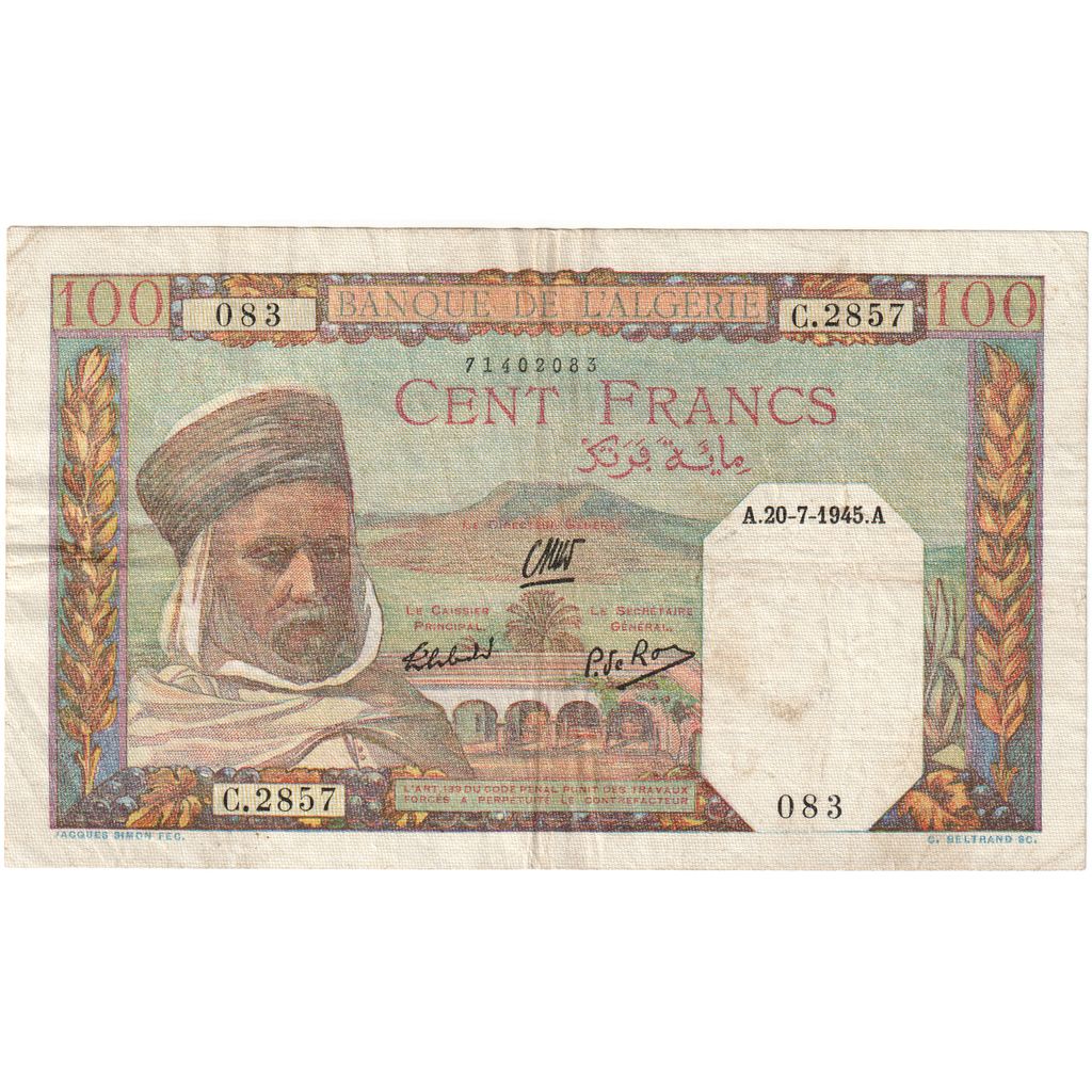 Argélia, 100 Francs, 1945, 1945-07-20, KM:85, EF(40-45)