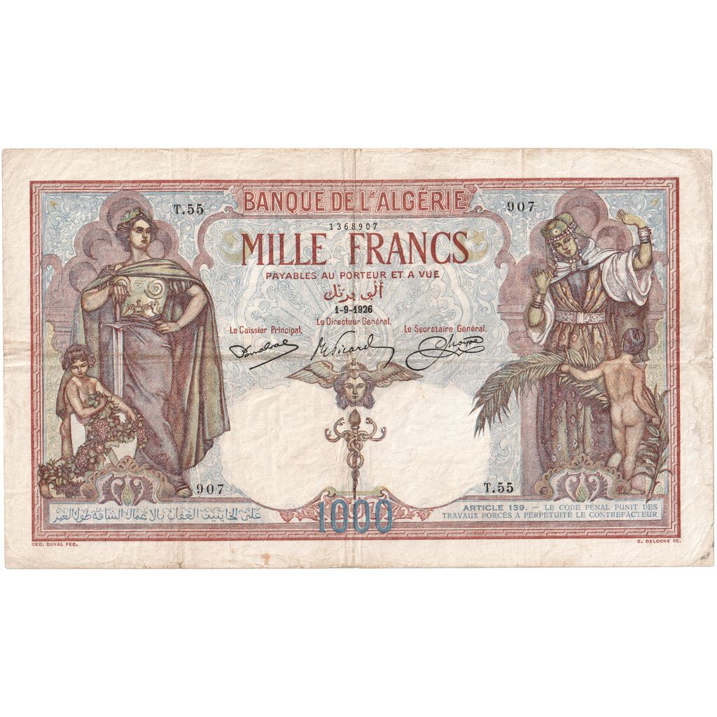 Algeria, 1000 Francs, 1926, 1926-09-01, KM:83, EF(40-45)