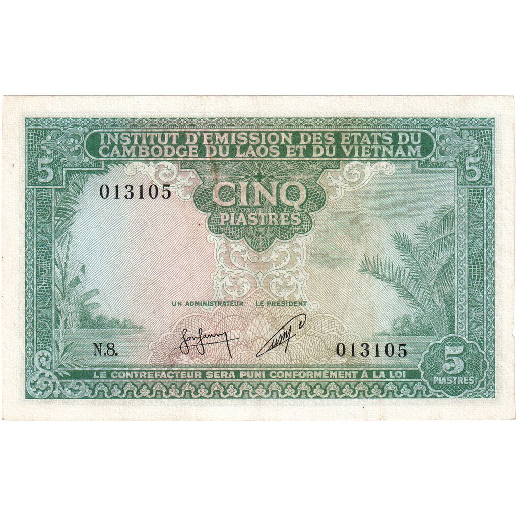 FRENCH INDO-CHINA, 5 Piastres = 5 Riels, Undated (1953), KM:95, AU(55-58)