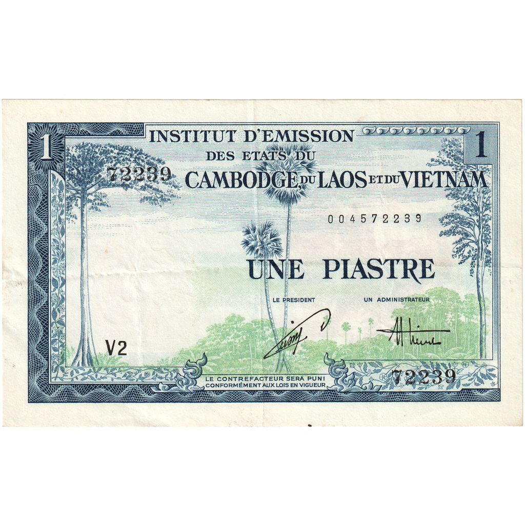 FRANCUSKIE INDOCHINY, 1 Piastre = 1 Dong, Undated (1954), KM:105, EF(40-45)
