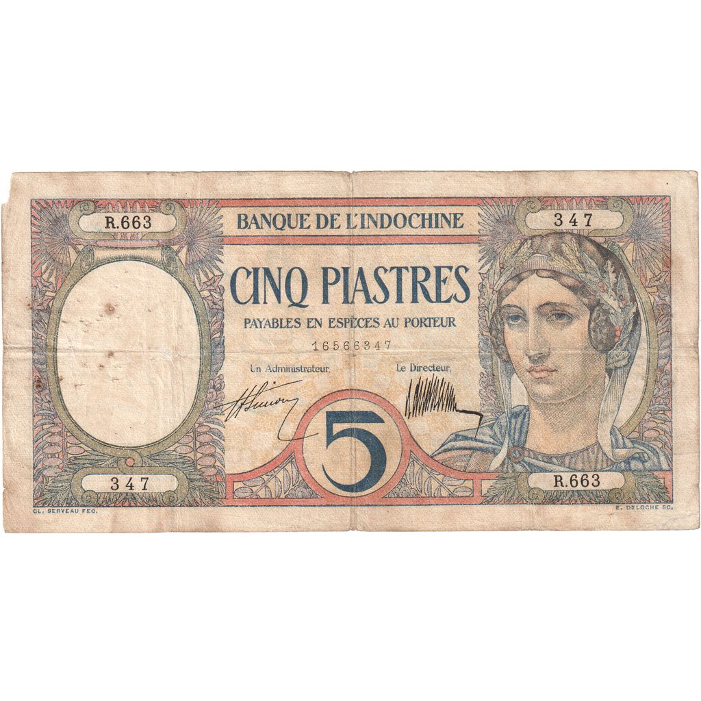 INDOCINA FRANCESE, 5 Piastres, Undated (1927), KM:49b, MB+
