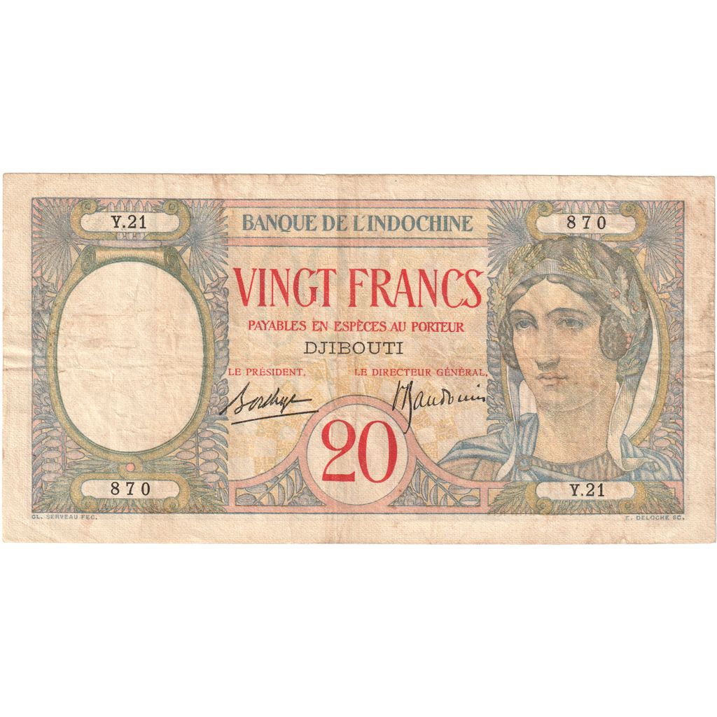 French Somaliland, 20 Francs, 1928-1938, KM:7a, VF(30-35)