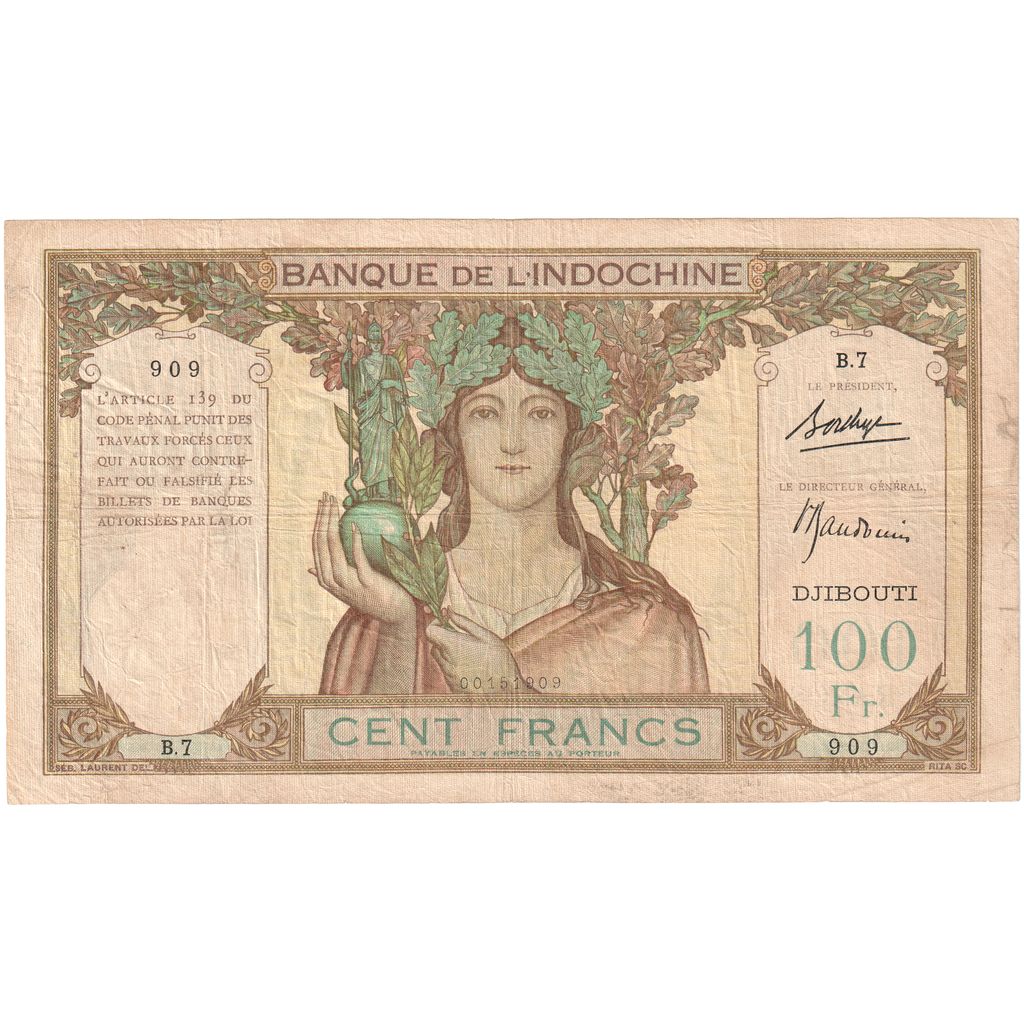 French Somaliland, 100 Francs, 1928-1938, KM:8, VF(30-35)