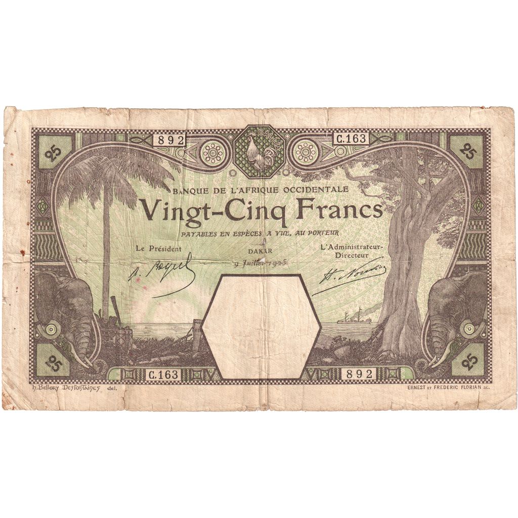 África Ocidental Francesa, 25 Francs, 1925, 1925-07-09, KM:7Bb, VG(8-10)