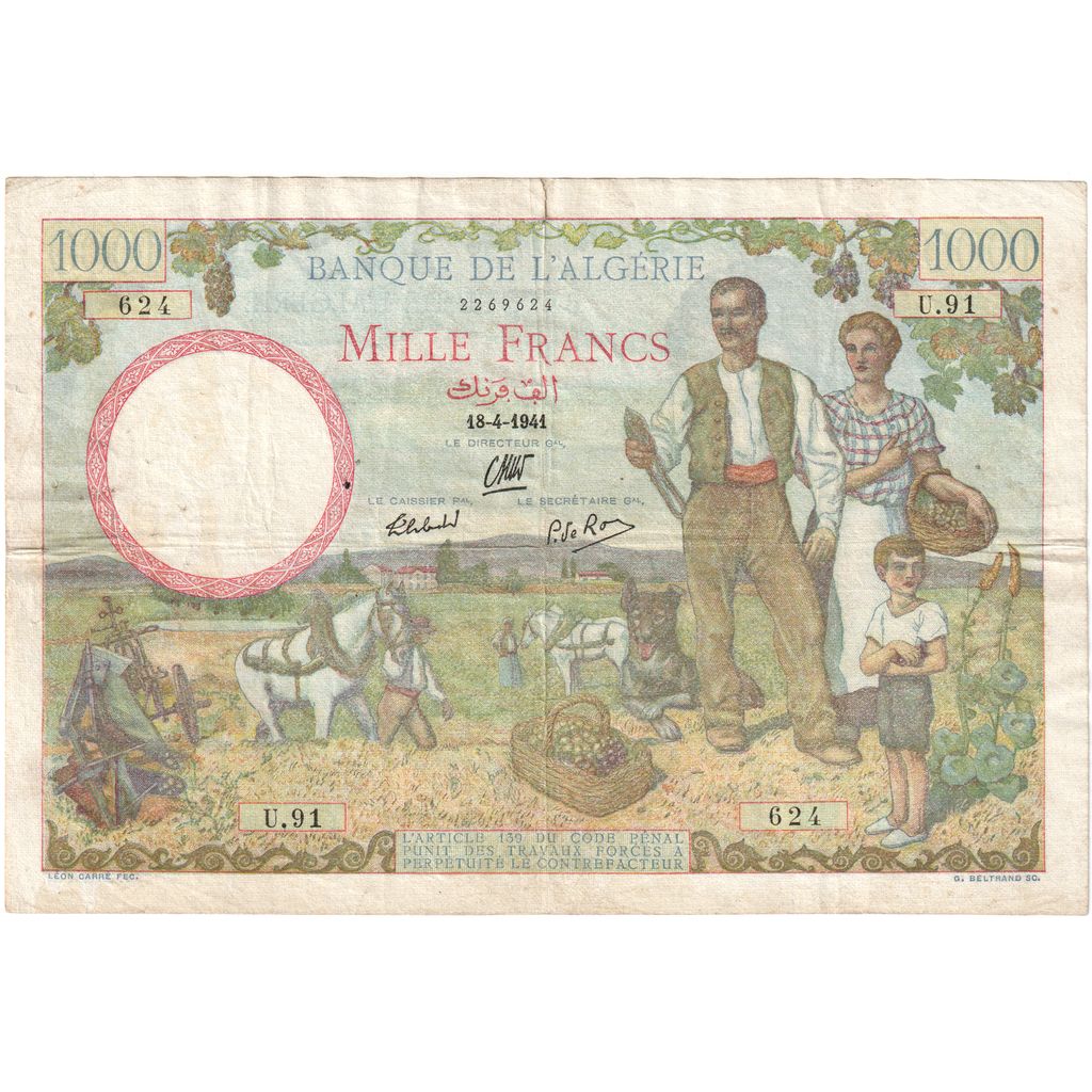 Algeria, 1000 Francs, 1941, 1941-04-18, KM:86, VF(30-35)