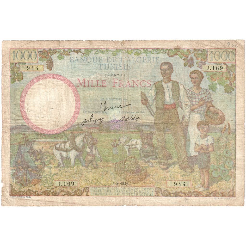 Tunísia, 1000 Francs, 1946, 1946-09-04, KM:26, F(12-15)
