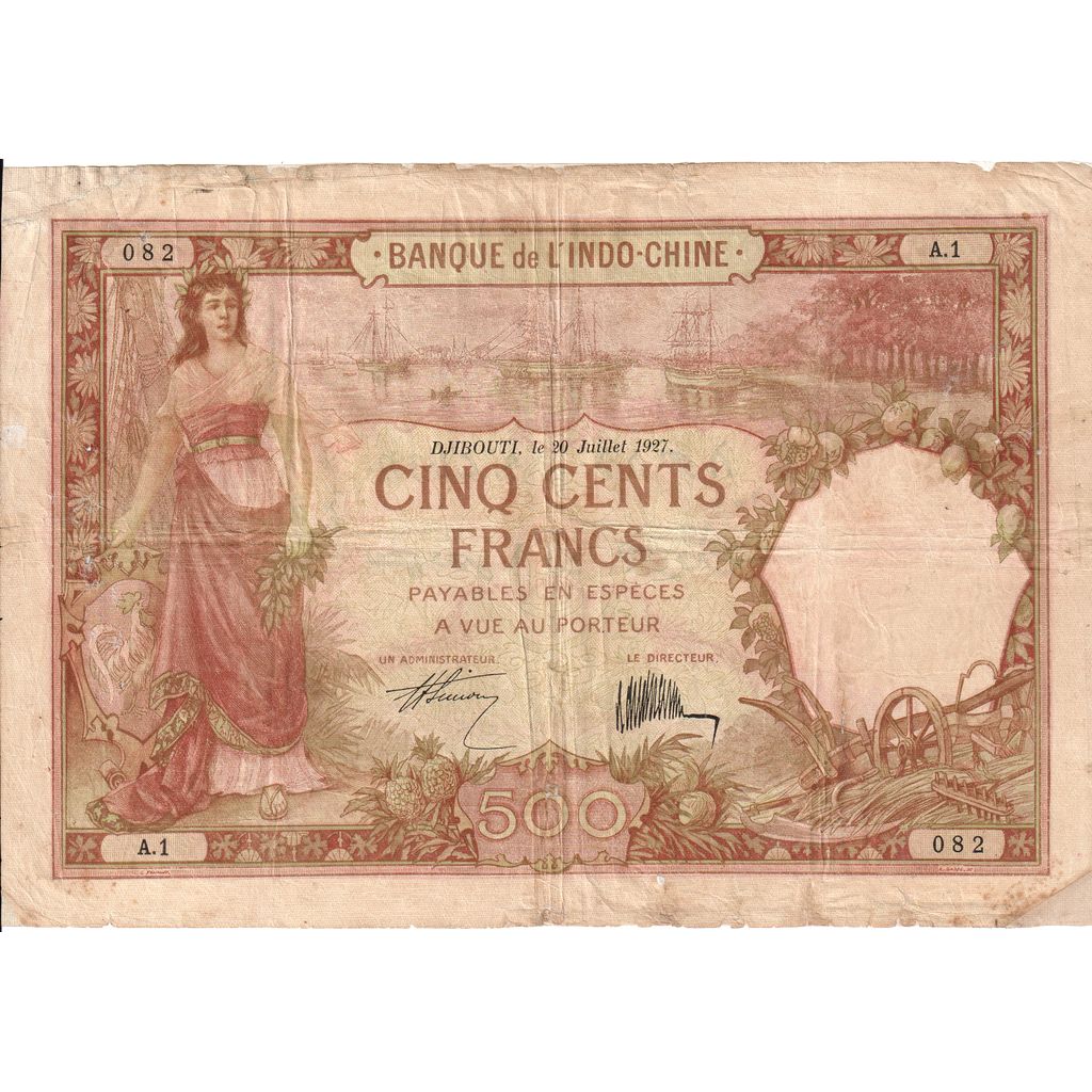 Costa francese dei somali, 500 Francs, 1927, 1927-07-20, KM:9a, B+