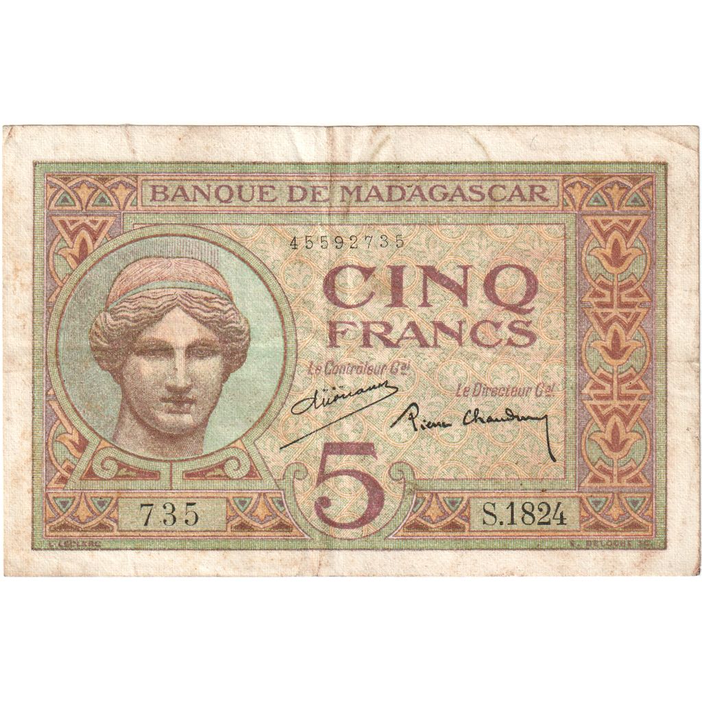 Madagascar, 5 Francs, 1937-1947, KM:35, VF(20-25)