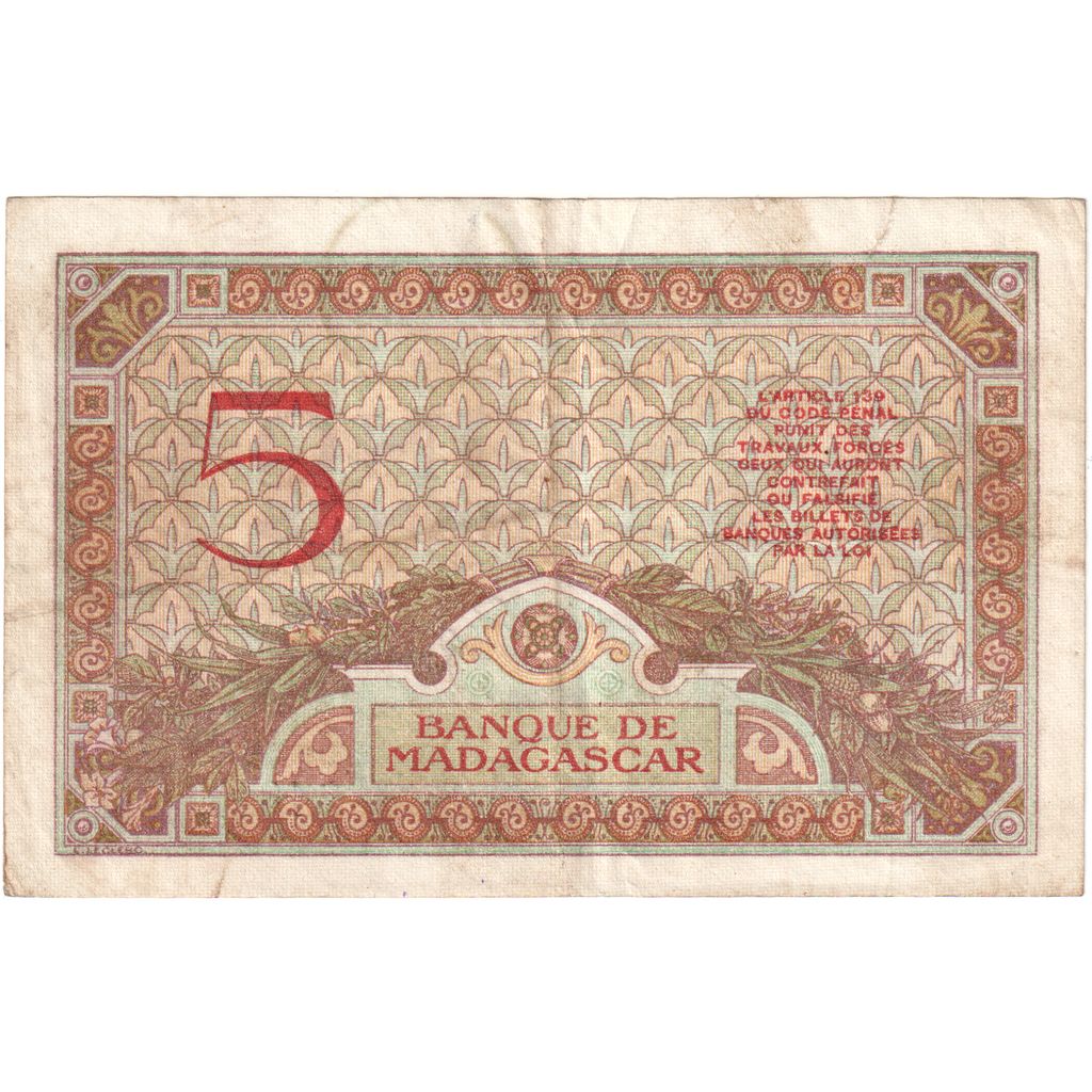 Madagascar, 5 Francs, 1937-1947, KM:35, VF(20-25)