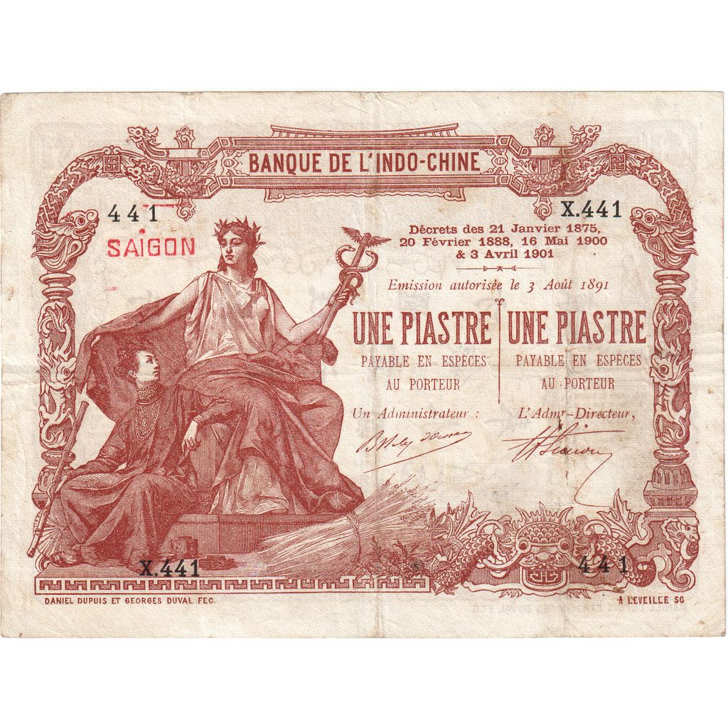FRANCUSKIE INDOCHINY, 1 Piastre, Undated (1909-21), 1891-08-03, KM:34b