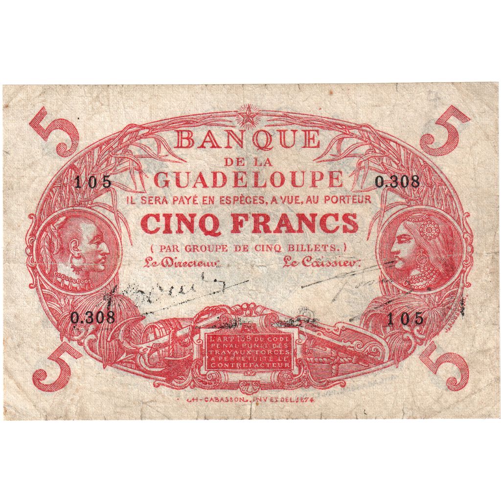 Guadalupe, 5 Francs, O.308, MB, KM:7e
