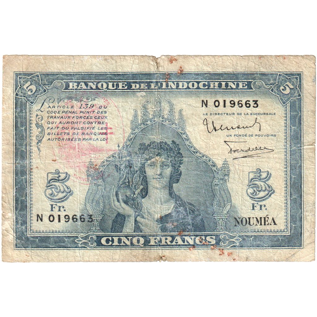 New Caledonia, 5 Francs, KM:48, VG(8-10)