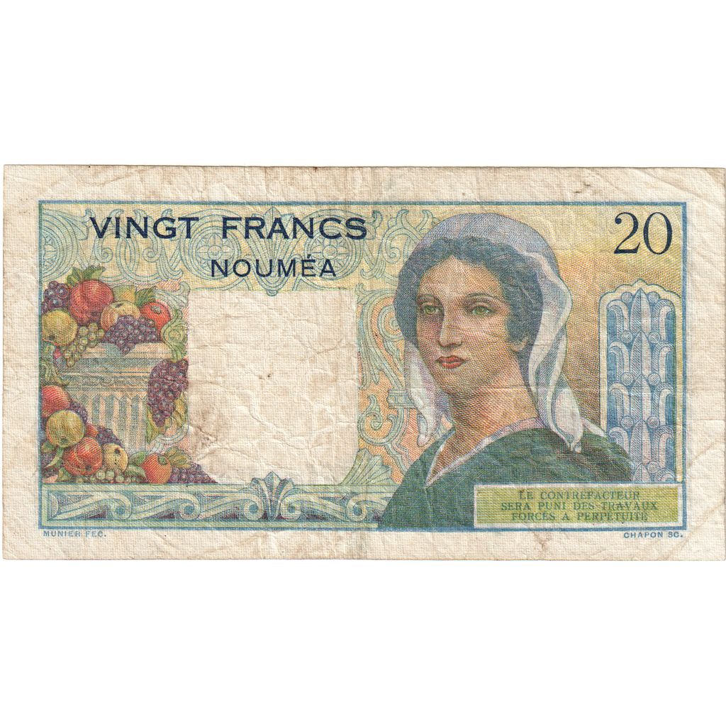 New Caledonia, 20 Francs, 1951-1963, KM:50a, EF(40-45)
