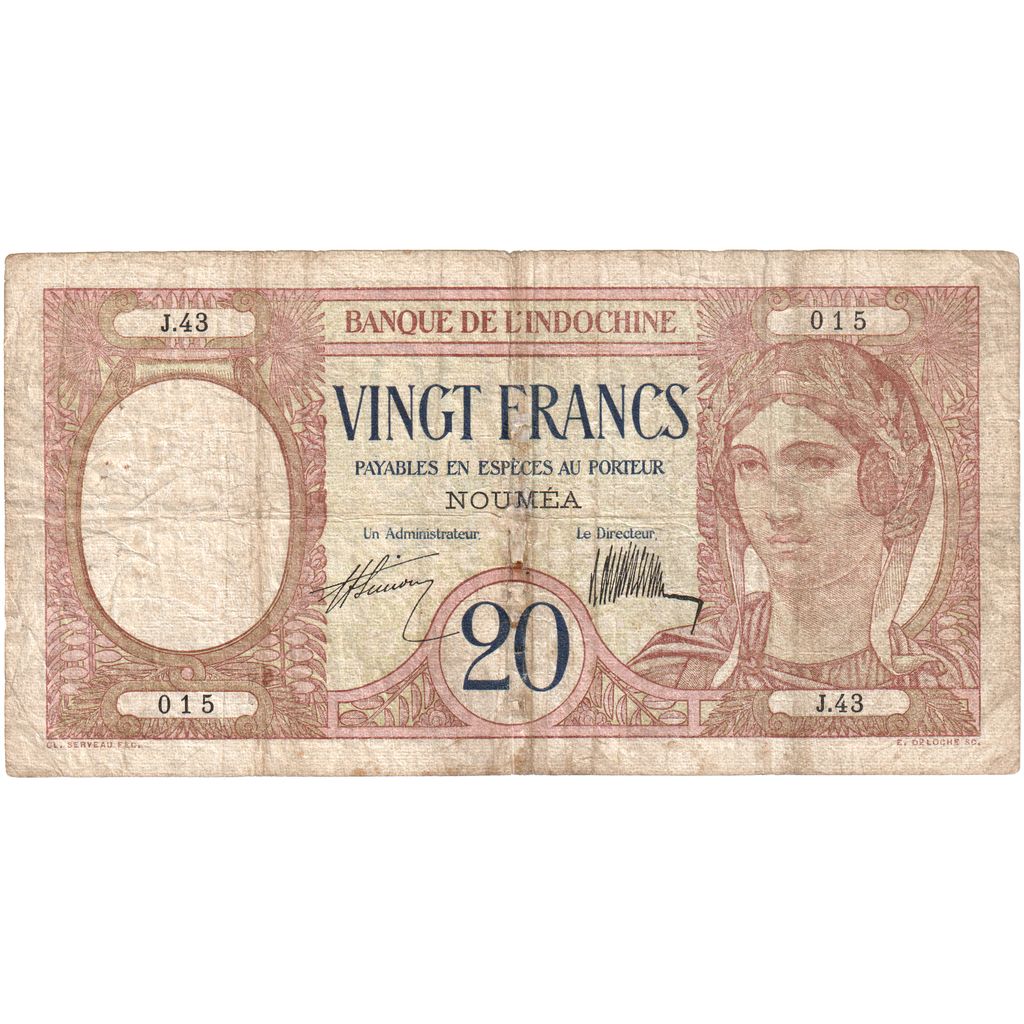 New Caledonia, 20 Francs, Undated (1929), KM:37a, VG(8-10)