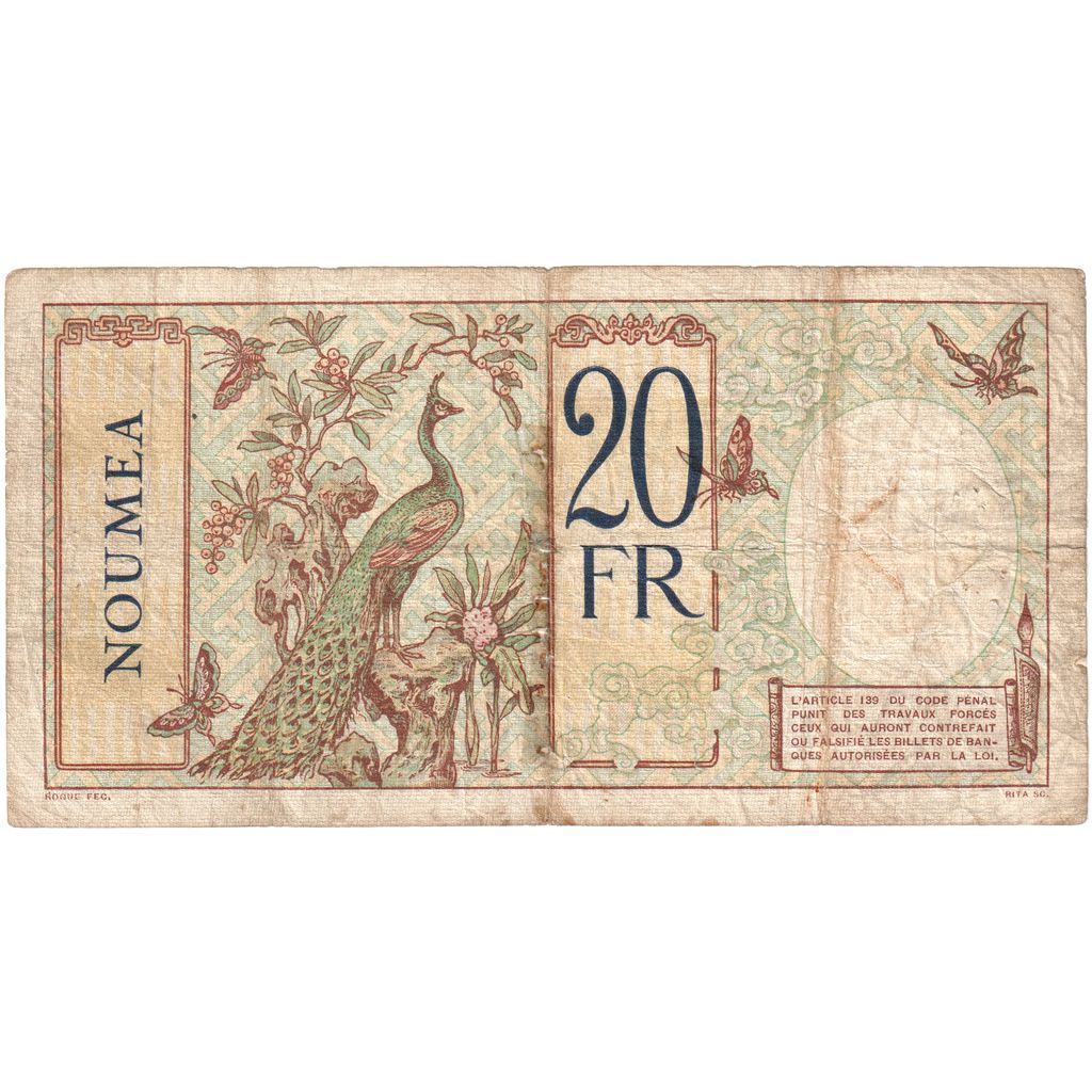 New Caledonia, 20 Francs, Undated (1929), KM:37a, VG(8-10)