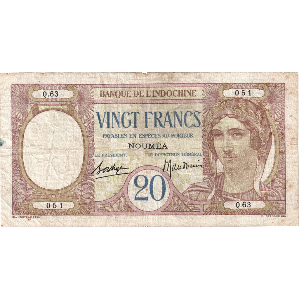 New Caledonia, 20 Francs, Undated (1929), KM:37b, VF(20-25)