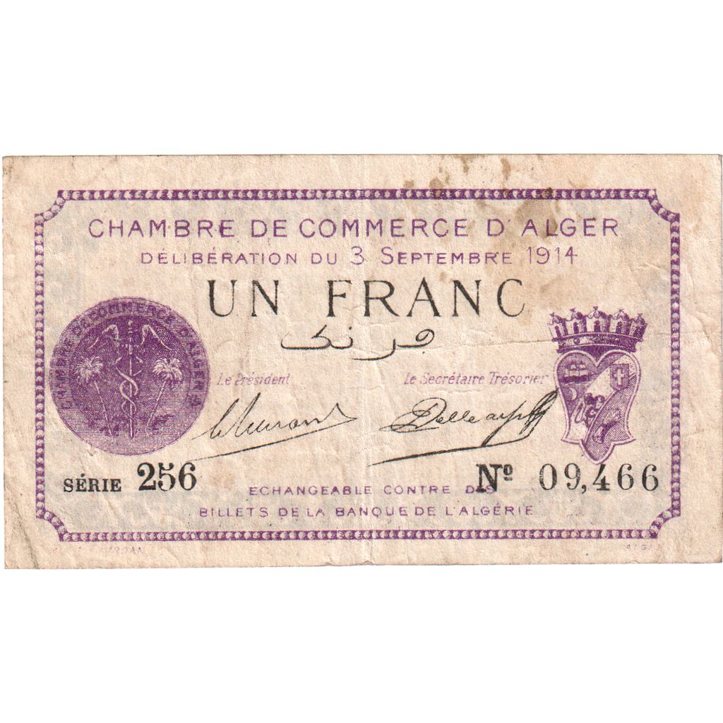 Algeria, 1 Franc, Chambre de Commerce, 1914, 1914-09-03, VF(20-25)