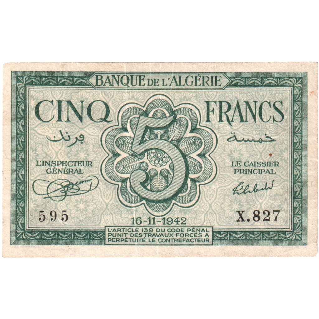 Algeria, 5 Francs, 1942, 1942-11-16, KM:91, BB
