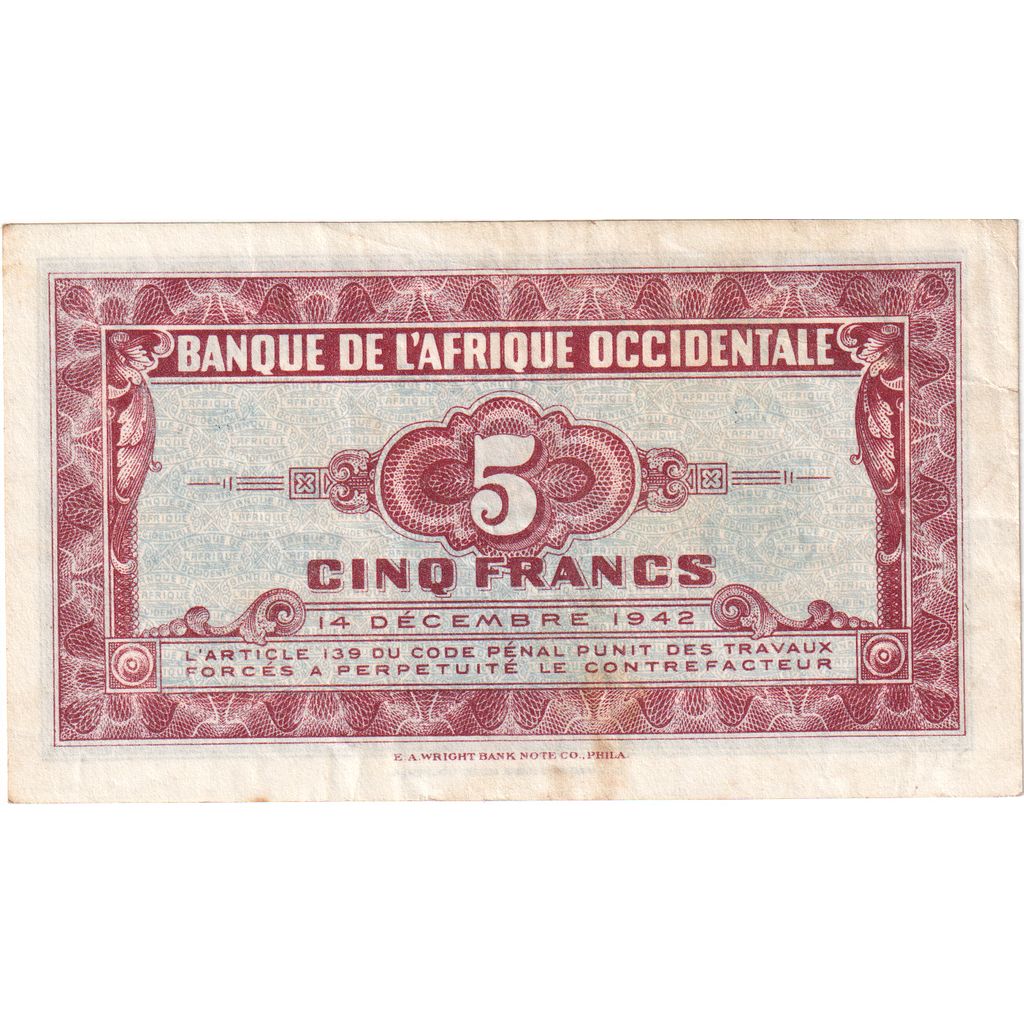 5 Francs, 1942, África oriental francesa, 1942-12-14, KM:28b, MBC+