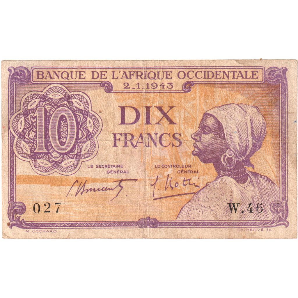 Afrique-Occidentale française, 10 Francs, 1943, 1943-01-02, KM:29, TB+