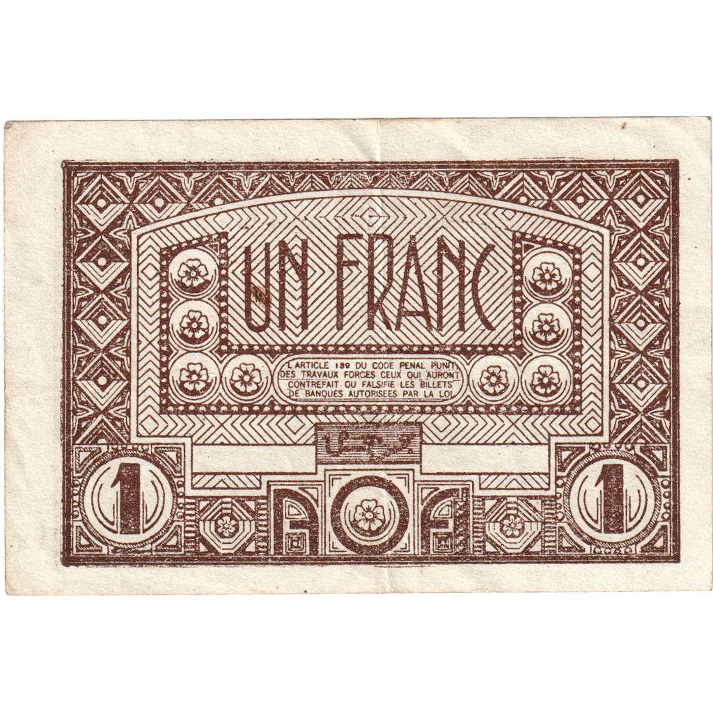 French West Africa, 1 Franc, Undated (1944), KM:34b, EF(40-45)