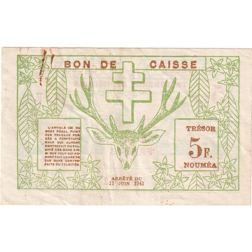 Nowa Kaledonia, 5 Francs, 1943, 1943-06-15, KM:58, EF(40-45)