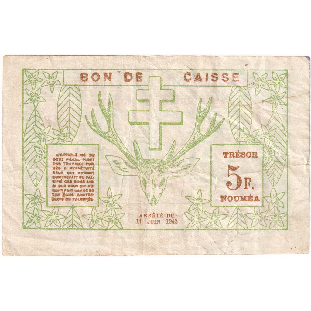 Nuova Caledonia, 5 Francs, 1943, 1943-06-15, KM:58, BB