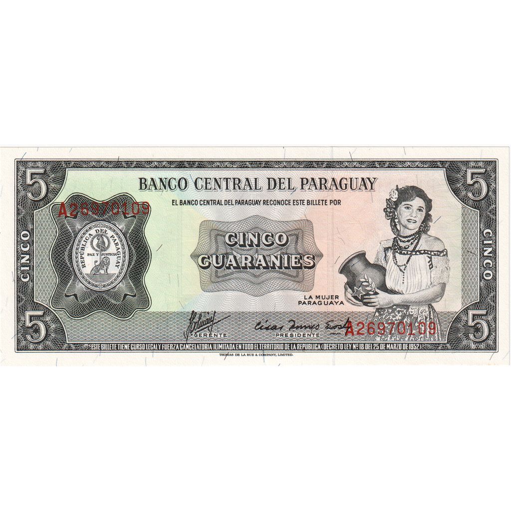 Paraguay, 5 Guaranies, 1963, KM:195b, UNC(65-70)