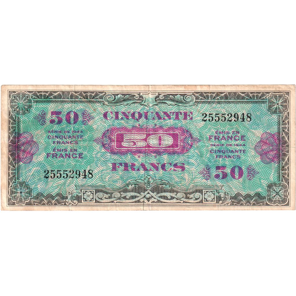 Francja, 50 Francs, Flag/France, 1944, 25553, VF(30-35), Fayette:VF19.1, KM:117a