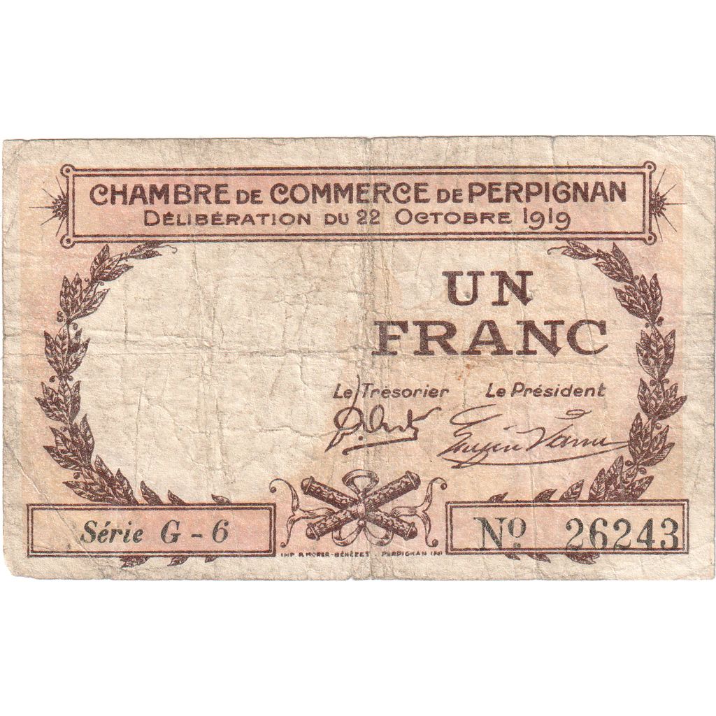 Francia, Perpignan, 1 Franc, 1919, Chambre de Commerce, MB, Pirot:100-29