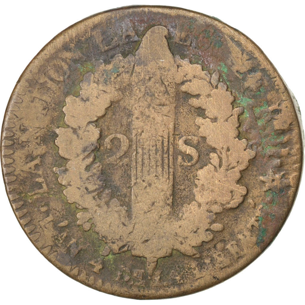 Monnaie, France, 2 sols français, 2 Sols, 1792, Strasbourg, TB, Bronze, KM:612