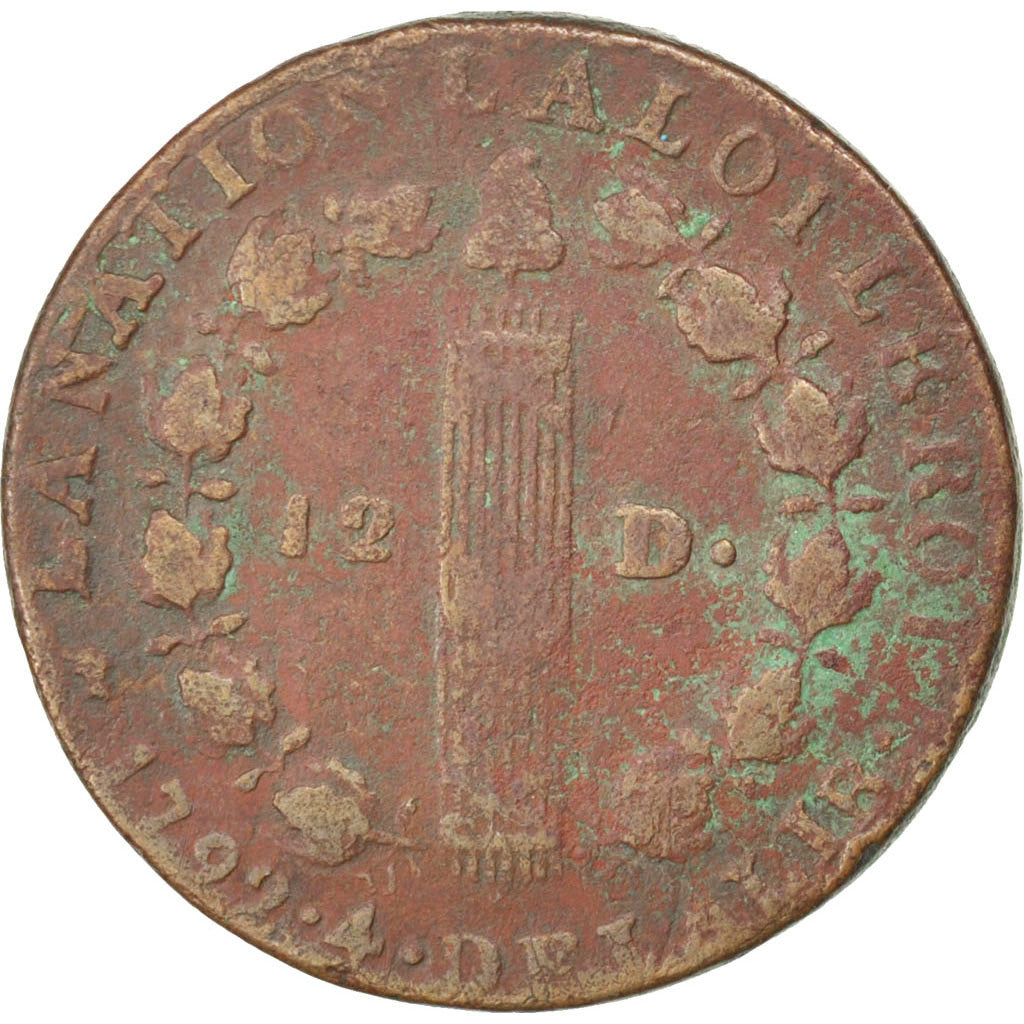 Monnaie, France, 12 deniers françois, 12 Deniers, 1792, Lyon, B+, Bronze