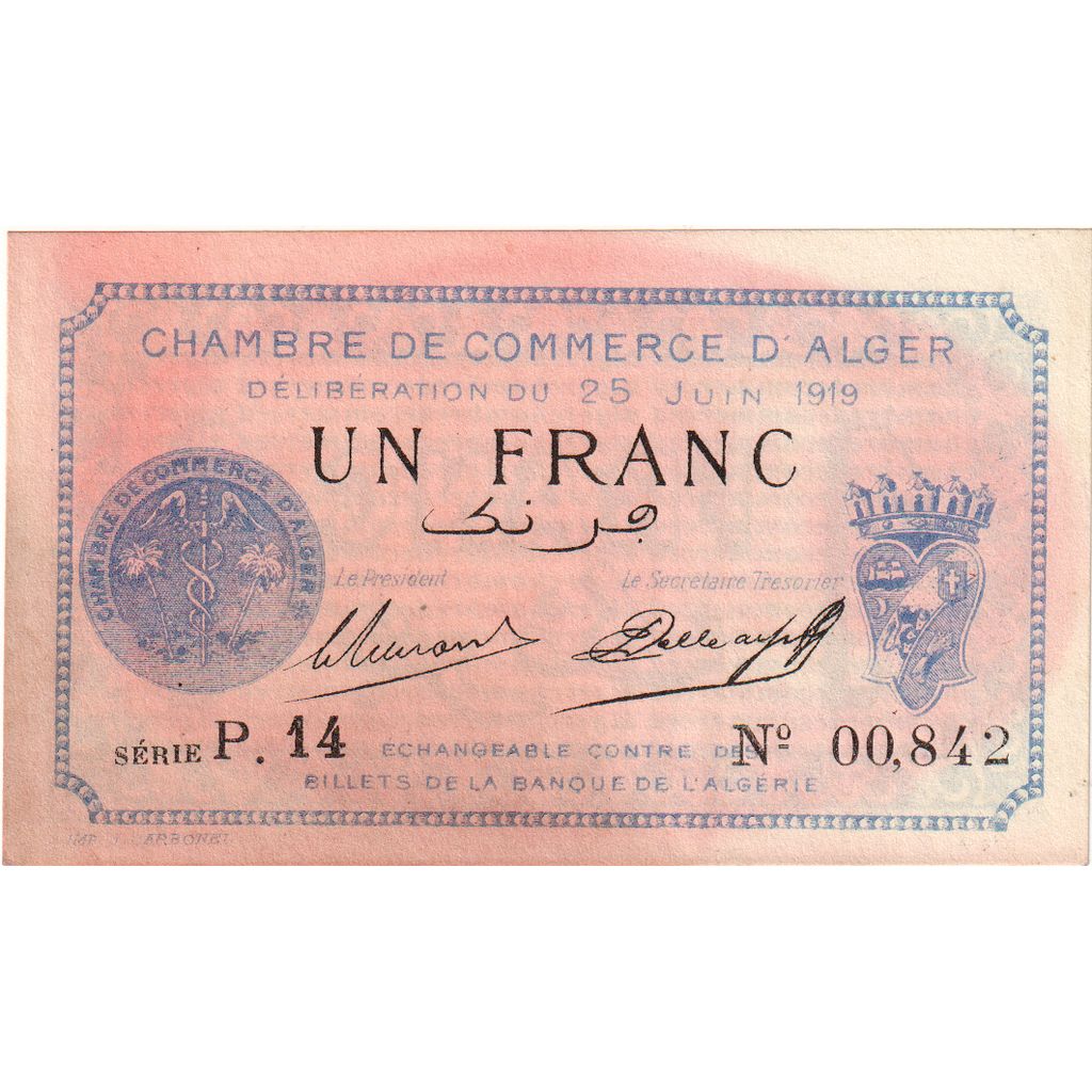 Algerije, Alger, 1 Franc, 1919-06-25, Chambre de Commerce, TTB