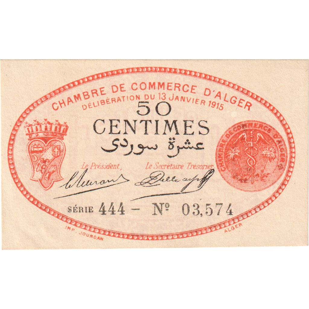 Algeria, Alger, 50 Centimes, 1915-01-13, Chambre de Commerce, UNC(65-70)