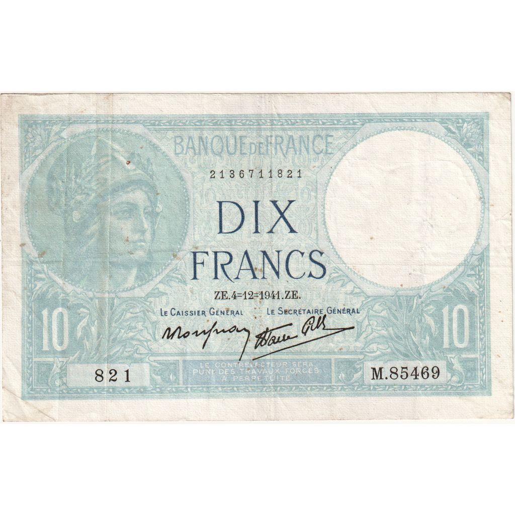France, 10 Francs, Minerve, 1941, 1941-12-04, VF(20-25), Fayette:07.30, KM:84